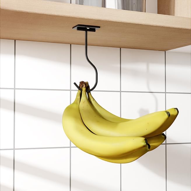 bussdis Under Cabinet Banana Hook Foldable - Adhesive Bananas Hanger, Heavy Duty Stainless Banana Holder (13lb), Magnetic Fold-Up When Not in Use, Premium Material, Black