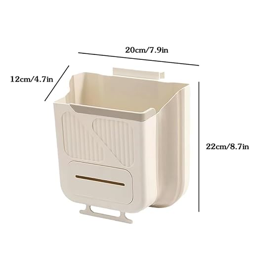 Hanging Trash Can for Kitchen Cabinet Door, 1.85 Gallon Kitchen Trash Can with Space-Saving Design, Collapsible Garbage Can for Kitchens,Cabinet Door, Bathroom, with Trash Bag Compartment - Cream
