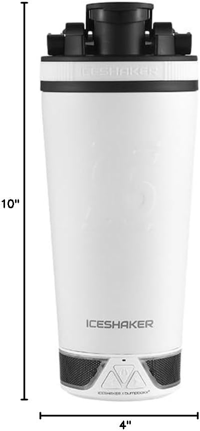 Ice Shaker X Bumpboxx Stainless Steel Shaker Bottle, White, Protein Shaker Bottle with Twist-on Bumpboxx Bluetooth Speaker, Leak-Proof Water Bottle Keeps Drinks Ice-Cold for Hours