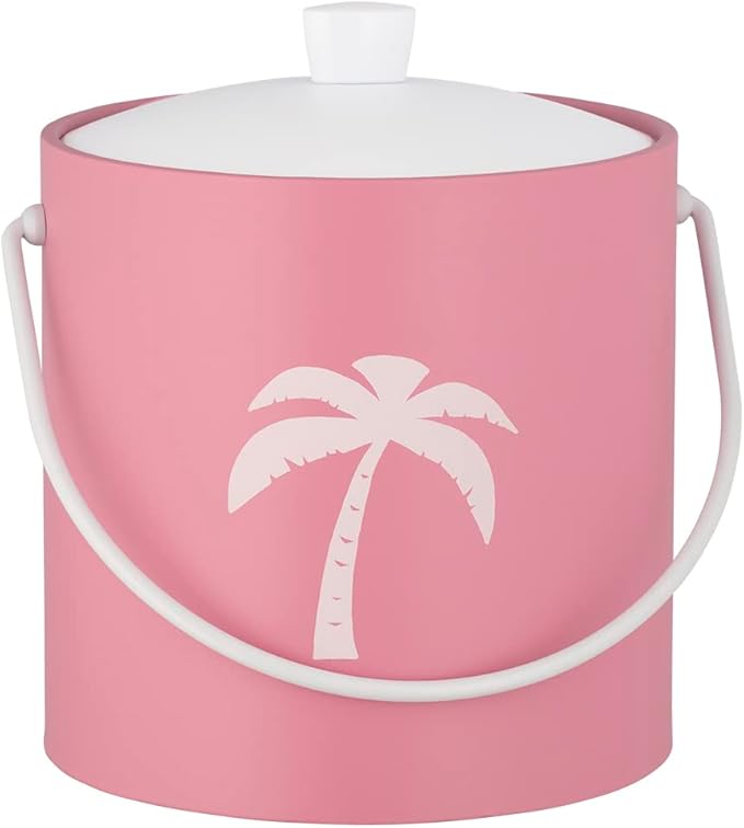 Kraftware Pastimes Collection 3qt Ice Bucket with Acrylic Cover and Bale Handle (Palm Tree, Pink)