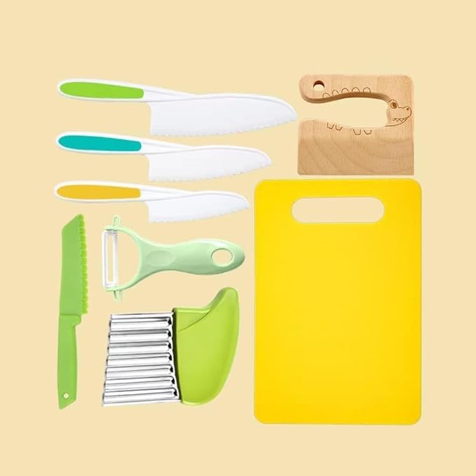 Leking 8 Pcs Wooden Kitchen Knife Set for Kids - Includes Safe Knives, Serrated Plastic Knives, Potato Slicers, Sandwich Cutter, Peeler and Cutting Board