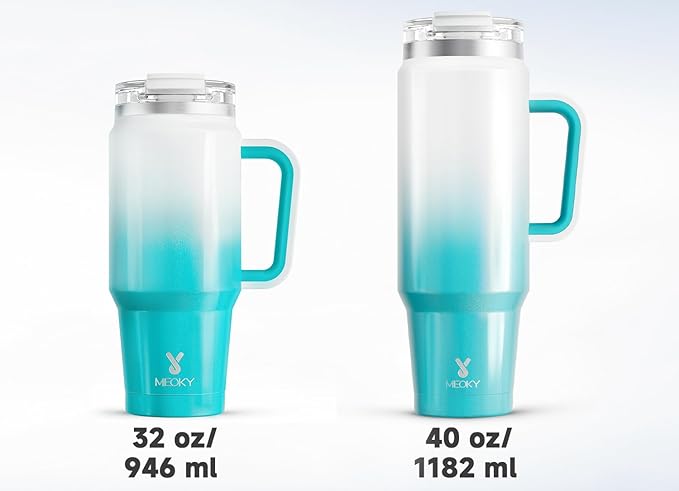 Meoky 40 oz Tumbler with Handle and Straw, Insulated Tumbler with Lid and Straw, Stainless Steel Travel Mug, Keeps Cold for 34 Hours, 100% Leak Proof, Fits in Car Cup Holder (Azure)