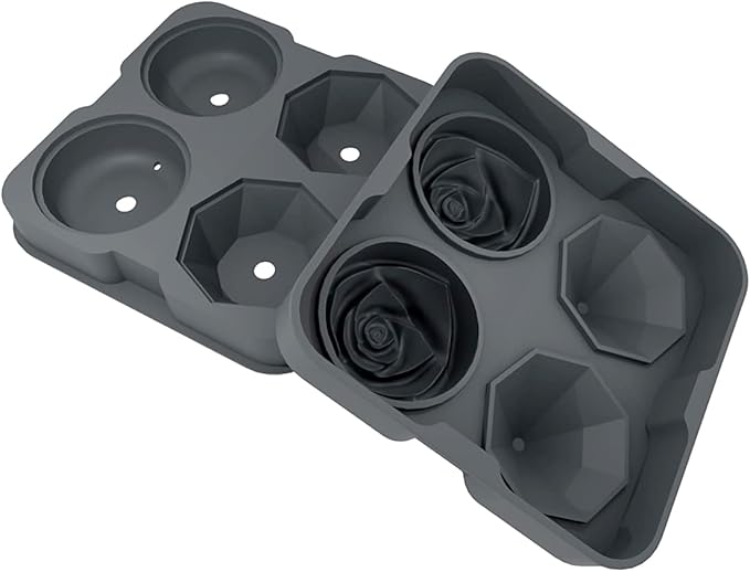 Ice Cube Tray, HANCELANT 2.5inch Ice Cube Molds, 2 Cavity Silicone Rose & 2 Diamond Ice Ball Maker, Easy Release Large Ice Cube Form for Chilling Cocktails, Whiskey, Bourbon & Homemade Juice (Gray)