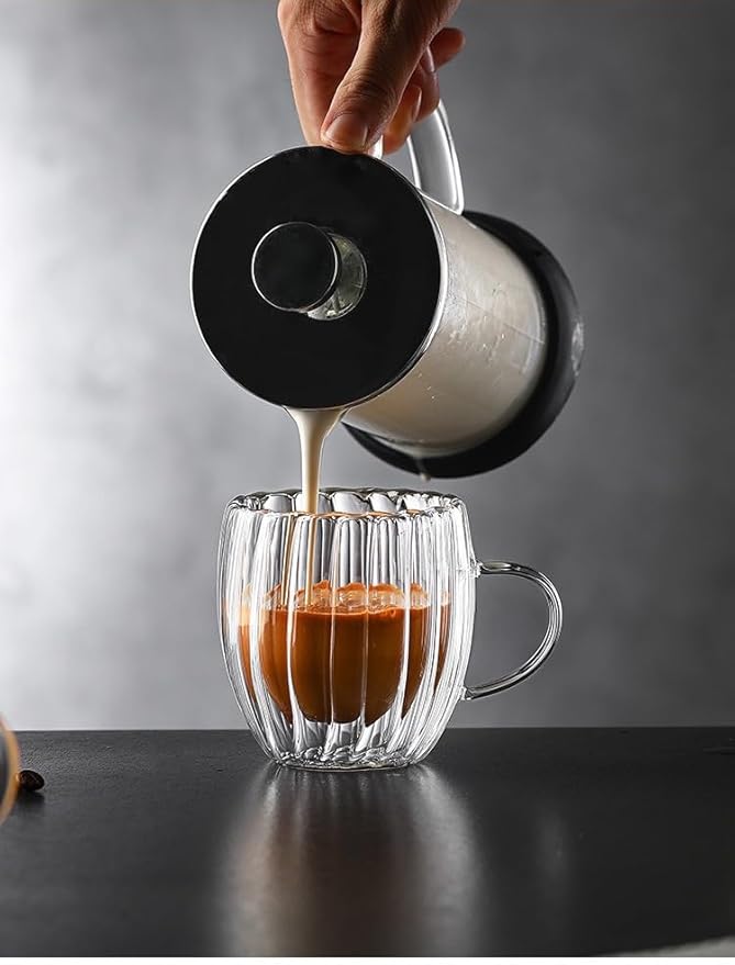 Double Wall Glass Coffee Mugs Set, Teacup with Saucer and Spoon Set of 2 Pack, 8.5oz/260ml for Cappuccino, Latte, Hot and Cold Drinks (Clear - Pumpkin Shaped - 2 Pack)