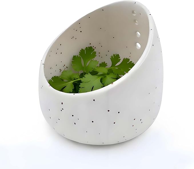 White Ceramic Herb Stripping Bowl with Four Multi-Sized Holes -Efficient Kitchen Tool for Parsley, Basil, Rosemary, Mint, Thyme, Cilantro, Oregano - Handmade Pottery Gadget