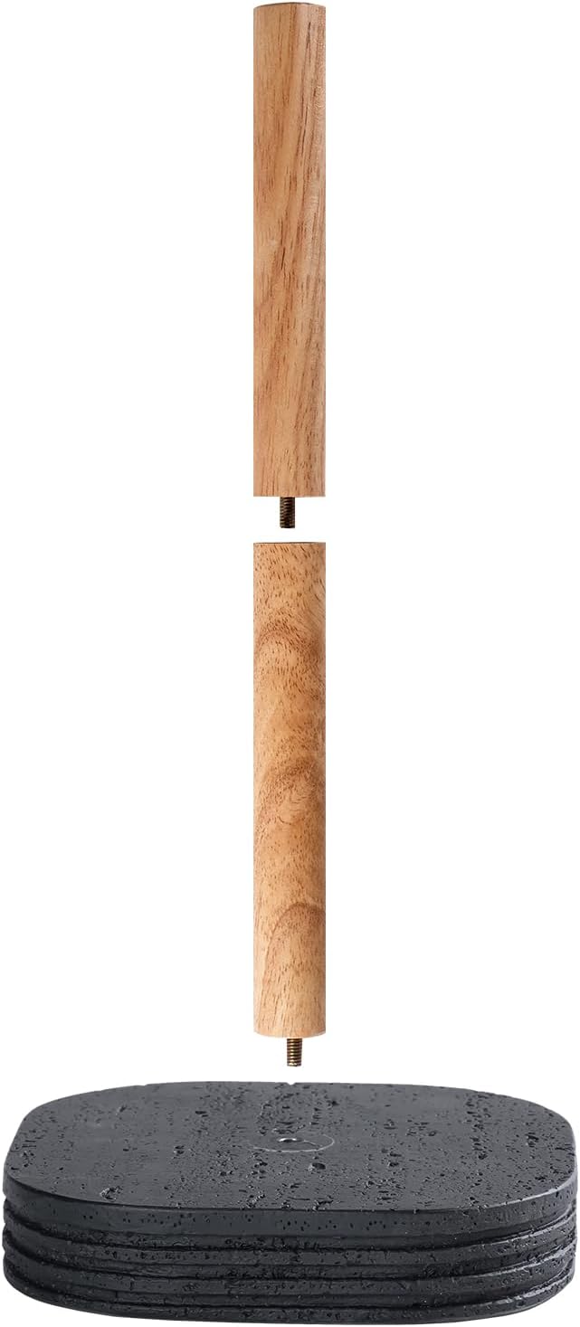 Black Travertine Standing Paper Towel Holder for Kitchen Countertop, Bathroom Shelf Toliet Top Paper Roll Holder with Weighted Base and Sturdy Wood Stand,for Standard or Plus Rolls, Height-Adjustable
