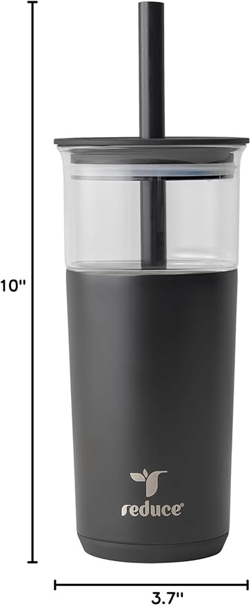 REDUCE Aspen 20 oz Vacuum Insulated Glass Tumbler with Lid & Extra Wide Straw - Keeps Drinks Cold for 12 Hrs - Ideal for Iced Coffee, Smoothies & Boba - Dishwasher Safe, Soft Base - Phantom