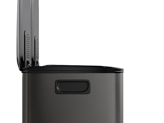 GarveeHome 2 x 4 gal Stainless Steel Double Trash Can with Lid for Kitchen, Large Dual Trash and Recycle Bin Combo, Step-on Kitchen Metal Garbage Cans, PP Inner Buckets, Liner Rim, Black