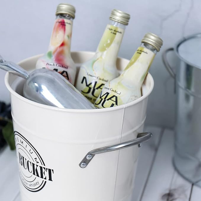 T586A 4L Cream White Metal Galvanized Double Walled Ice Bucket Set with Lid and Scoop