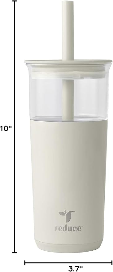REDUCE Aspen 20 oz Vacuum Insulated Glass Tumbler with Lid & Extra Wide Straw - Keeps Drinks Cold for 12 Hrs - Ideal for Iced Coffee, Smoothies & Boba - Dishwasher Safe, Soft Base - Unbleached