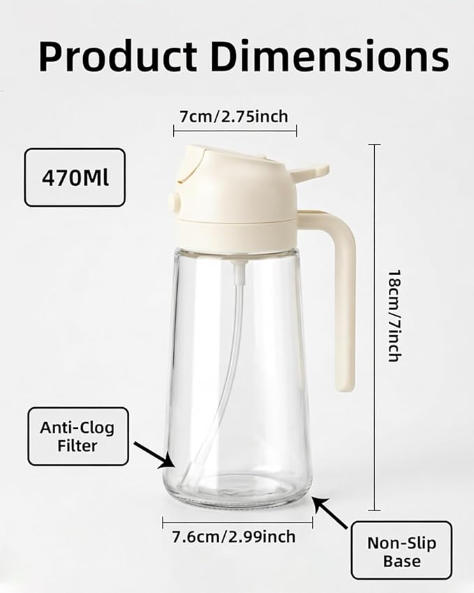 16oz/470ml Oil Sprayer for Cooking, 2 in 1 Oil Dispenser for Kitchen, Olive Oil Sprayer, Food Grade Glass Bottle for Kitchen Gadgets, Air Fryer Accessories, Salad, BBQ (White)