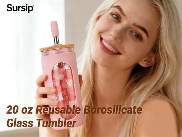 Sursip Glass Cup Tumbler with Straw and Lid, 20 oz Reusable Borosilicate Glass Coffee Cup with Lids for Iced Coffee, Smoothie, Boba, Juice,Travel to Go Tumbler BPA-Free - Lake Blue