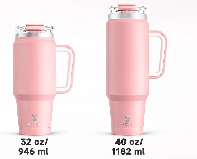 Meoky 32 oz Tumbler with Handle, Insulated Tumbler with Lid and Straw, Stainless Steel Travel Mug, Keeps Cold for 24 Hours, 100% Leak Proof, Fits in Car Cup Holder (Blush)