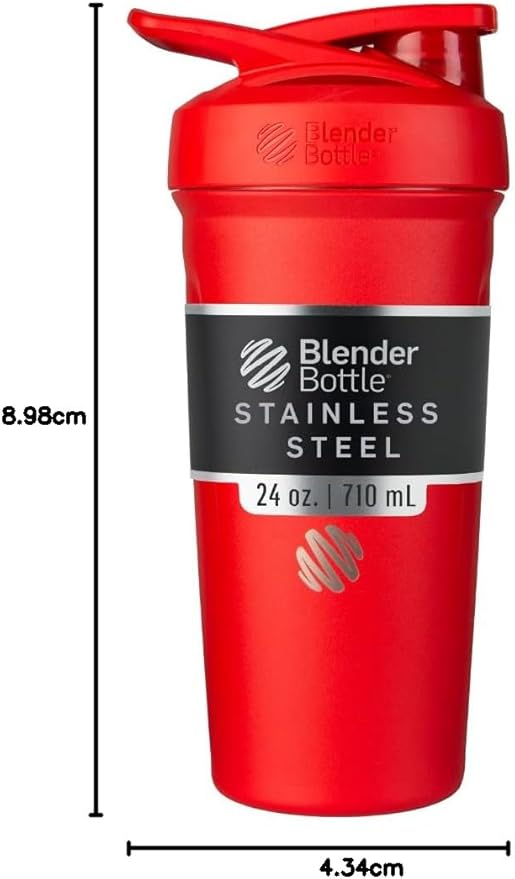 BlenderBottle Strada Shaker Cup Insulated Stainless Steel Water Bottle with Wire Whisk, 24-Ounce, Red