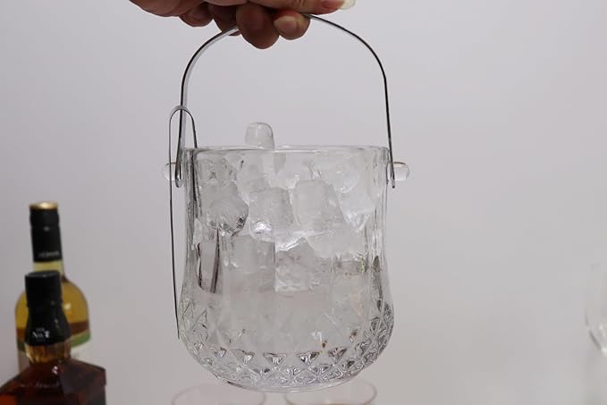 Small Round Glass Ice Bucket Kits, Heavy Thick Wine Cooler with Steel Tong and Clamp, 5.3" H*5" W, 34 oz (1000 ml)