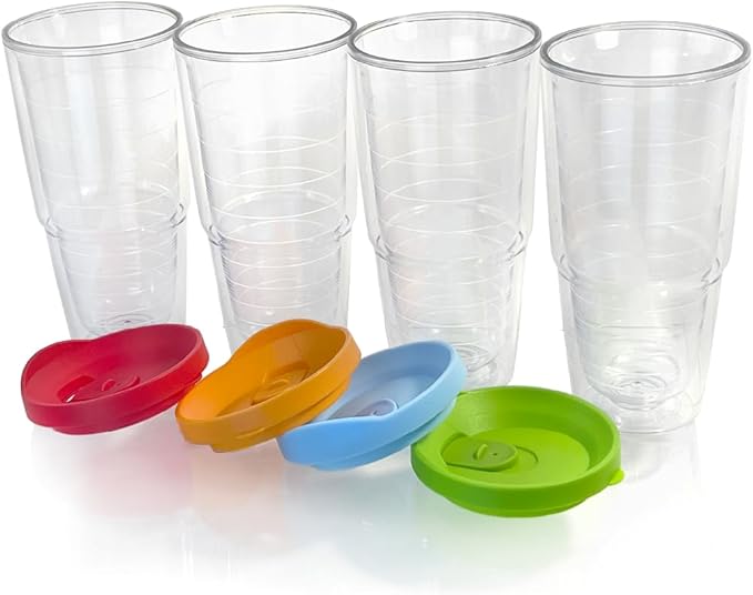 Lily's Home 20 oz 4 pack Insulated Tumbler Cups with Lids, Double Wall Clear Acrylic Plastic tumbler. Perfect for Iced Coffee, Hot Drinks, Water - Freezer & Top Rack Dishwasher Safe. BPA Free.