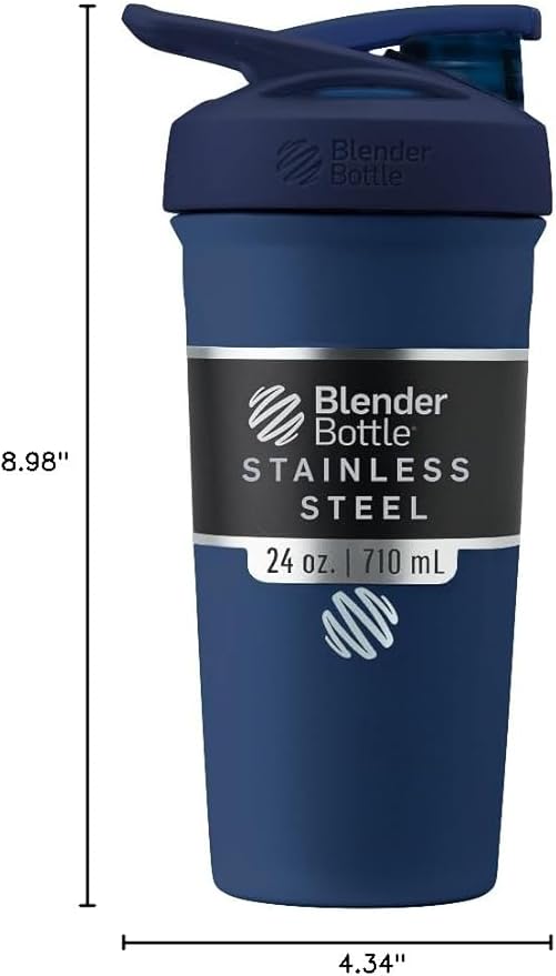 BlenderBottle Sport Insulated Stainless Steel Shaker Bottle with Wire Whisk, 24-Ounce, Navy – Protein Shakes & Hydration for Athletes & Fitness Enthusiasts, Easy Mixing, Lockable Lid