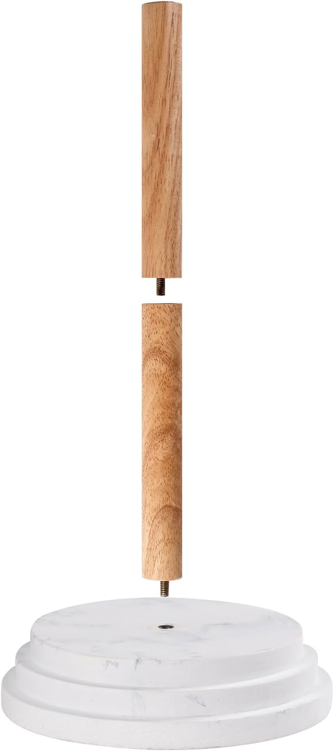 Marble White Standing Paper Towel Holder for Kitchen Countertop,Toliet Paper Roll Holder for Bathroom with Weighted Resin Base and Sturdy Wood Stand,for Standard or Plus Rolls, Height-Adjustable