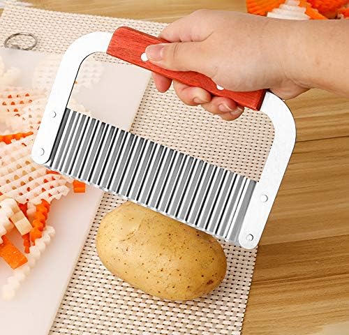 Crinkle Cutter Stainless Steel Potato Slicer Heavy Duty Wavy Crinkle Cutting Chopping French Fry Slicer 2 Pack Tools with Wooden Handle for Carrot Vegetable (Wood, 2)