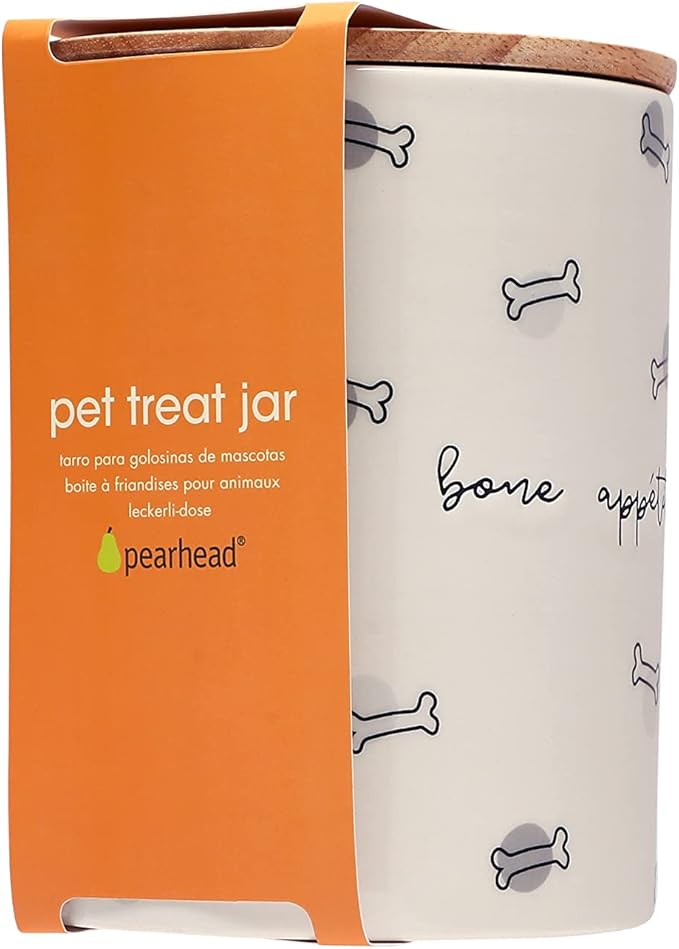 Pearhead Bone Appétit Ceramic Dog Treat Jar with Airtight Wooden Lid – Cute & Stylish Pet Treat Canister Keeps Dog Snacks Fresh – Durable, Easy-to-Clean Design, Kitchen Counter Décor, 4 Cup / 32 oz