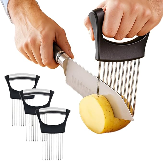 Onion Slicer Holder, Onion Holder for Slicing, Stainless Steel Vegetable Chopper and Onion Slicer Tool, Kitchen Assistant for Onions, Potatoes, Tomatoes and Fresh Produce (3pcs)