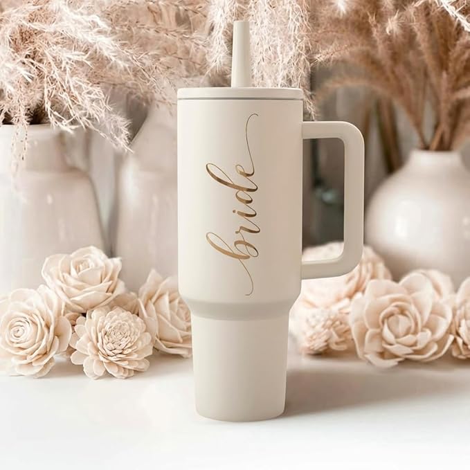Bride to Be Coffee Tumbler with Lids and Straws | 40 oz Mason Jar Cups & Iced Coffee Cup | Bridesmaid Proposal Gifts, Bridal Shower, Bachelorette Party Supplies & Bride Tribe - Flip Straw Lid