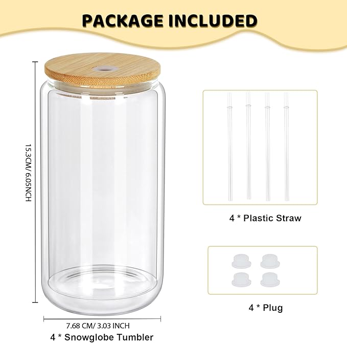 16 Oz Snow Globe Tumbler, 4 Pack Pre-Drilled Sublimation Glass Cup For Glitter Snow Globe Diy, Double Wall Sublimation Glass Tumbler