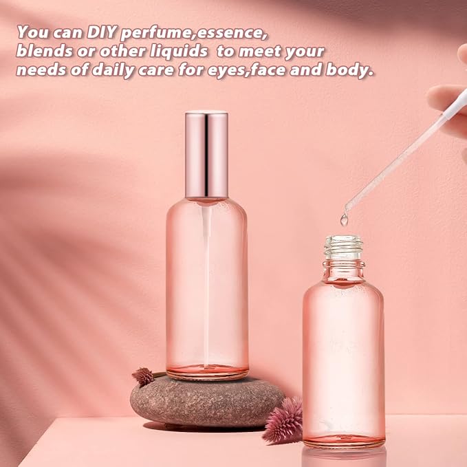 6 Pack 3.4 Oz Pink Glass Spray Bottles,Empty Perfume Fine Mist Atomizer,Refillable Travel Liquid Holder Containers for Cleaning Products,Essential Oils,Body Sprays-Rose-Golden Sprayer