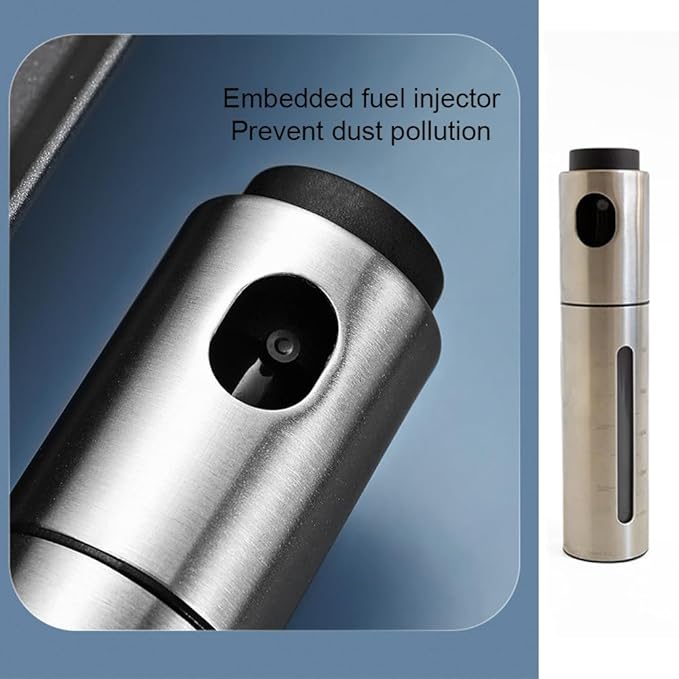100ml Stainless Steel Olive Oil Sprayer, Multi-Purpose for Cooking, Salads, BBQs, Air Fryers. One-Handed Use. Suitable for Oils, Vinegar, Soy Sauce. Features a Content Window.