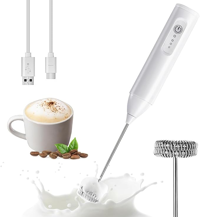 Rechargeable Milk Frother Handheld, USB-C Coffee Foam Maker with Stainless Steel Whisk & 3 Speeds, Coffee Frother Electric Hand Drink Mixer Stirrer for Matcha, Hot Chocolate,Frappe, Mom's Gift (White)