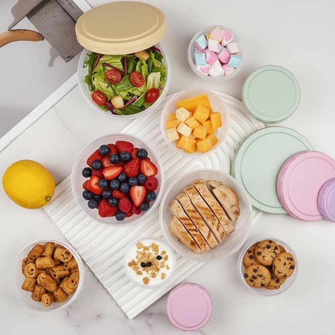 16 Piece Food Storage Containers with Lids (1Oz-45Oz), Leakproof BPA-Free Bowls Set with Pastel Color Lids for Soup, Snacks, Condiment, Salad Dressing & Sauce, Space Saving Nesting Design