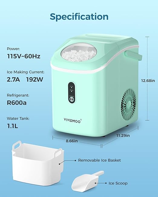 Ice Makers Countertop Nugget Ice Cubes, Portable Ice Maker, Self Cleaning Pebble Ice Machine, 33lbs/24h, Lower Noise, Small Sonic Ice Maker for Home, Kitchen, Office, Counter Top Pellet Ice Generator
