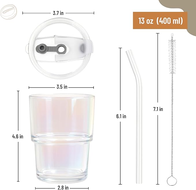 13 oz Glass Tumbler with Glass Straw and Lid, Leak-Proof Reusable Travel Cup for Iced Coffee, Tea, Matcha, Fruit Juice – Thick Wall Clear Water Bottle (Iridescent Shimmer, 2 Pack)