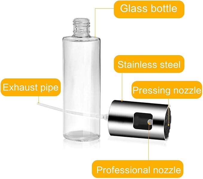 Glass Oil Sprayer Bottle for Cooking, Refillable Fine Mist Sprayer for Air Fryer, BBQ, Salad Spray, Leak Proof Kitchen Oil Dispenser with Dishwasher Safe Design (Silver)