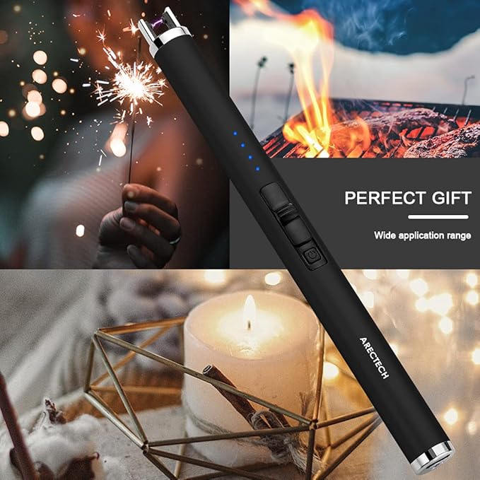 ARECTECH Rechargeable Electric Candle Lighter, Christmas Stocking Stuffers Gifts for Mom Men Wife, Arc Plasma Windproof Lighter for Candle Kitchen Birthday with Type-C Cable, Black 2 Pack