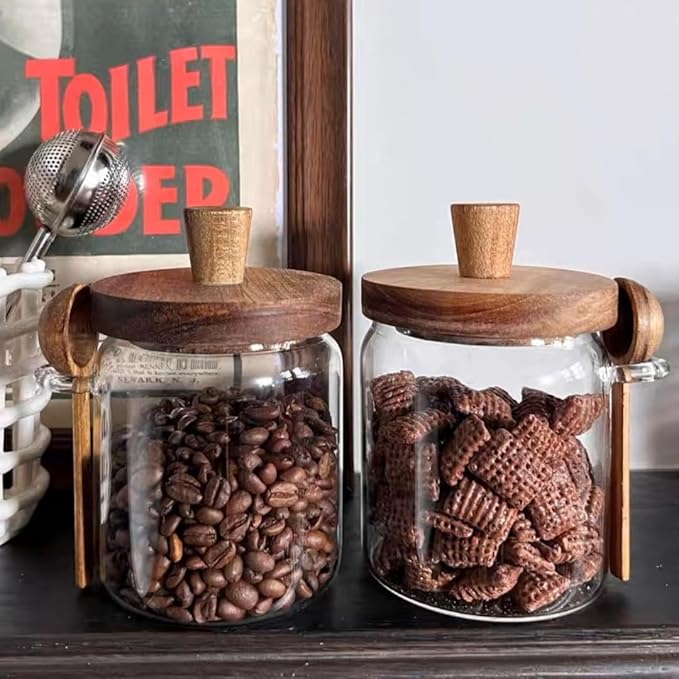 ANSQU Glass Jar with Wooden Lid & Spoon, 13.5oz Food Storage Containers Coffee Jar Coffee Grounds Container, Sugar Canister (1pack)
