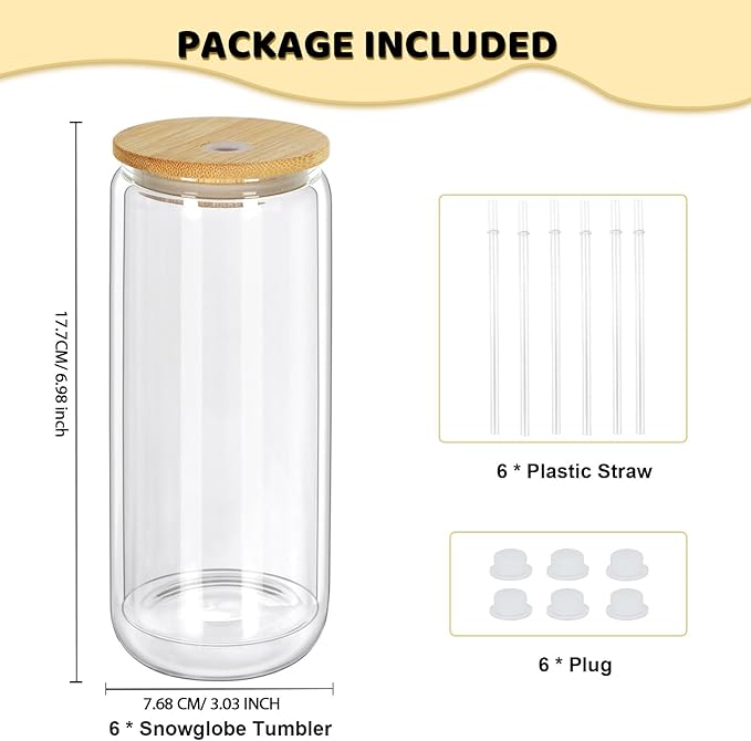 20 Oz Snow Globe Tumbler, 6 Pack Pre-Drilled Sublimation Glass Cup For Glitter Snow Globe Diy, Double Wall Sublimation Glass Tumbler