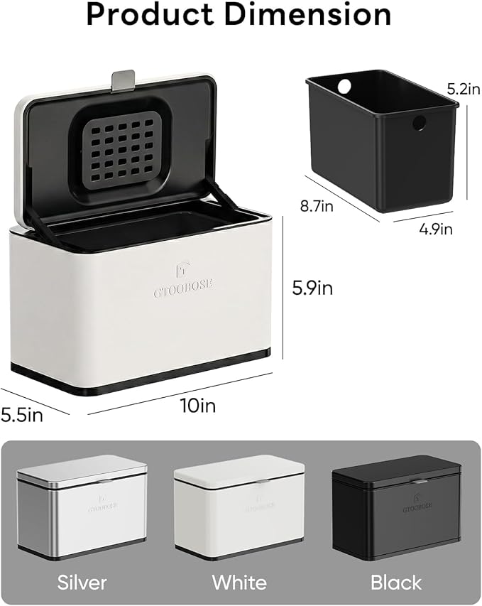 Kitchen Mini Compost Bin, 4L/1G Small Trash Can with Lid, Slim Stainless Steel Hanging Garbage Bin for Kitchen, Bathroom, Bedroom, Office, Wall Mounted Compost Bin with Inner Bucket, White