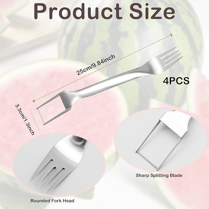 4 Pcs Watermelon Fork Slicer Cutter, Stainless Steel 2-in-1 Watermelon Fork Slicer, Portable Watermelon Fork Watermelon Cutter Slicer Tool Fruit Forks Slicer for Home Party Camping Kitchen Gadget