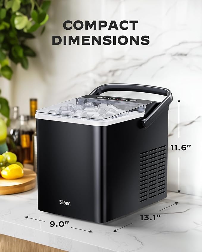 Silonn Portable Ice Maker, Ice Maker Countertop with Carry Handle, Self-Cleaning 1.8L Water Tank Large Ice Basket, Ice Machine Produces 9 Cubes in 6 Min Perfect for Home Kitchen and RV