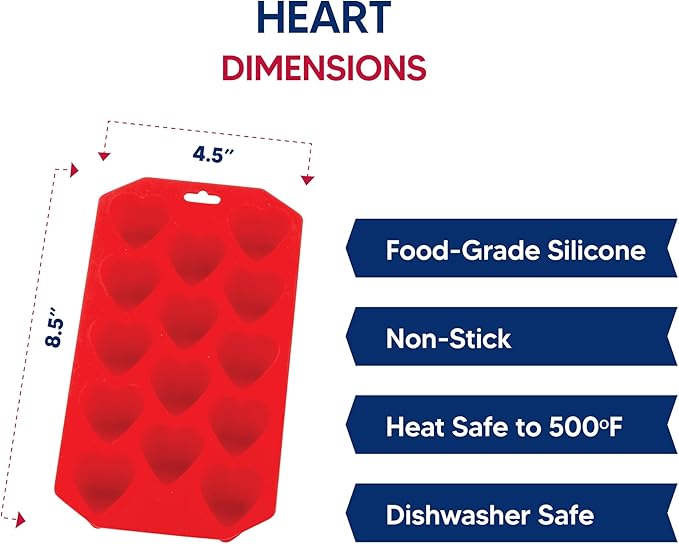 HIC Kitchen Silicone Heart Ice Tray, Non-Stick, Set of 2, Each Tray Makes 14 Hearts
