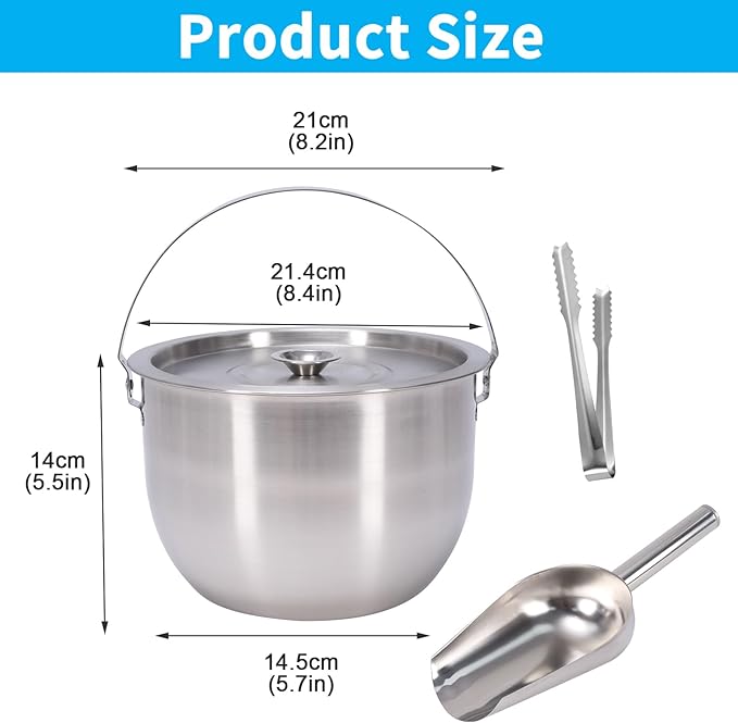 Ice Bucket, Stainless Steel Champagne Bucket with Lid, Double Handles, Scoop & Tongs Set, Drink Cooler for Parties, Wedding, Bar Cart, Patio, Holiday Hosting, New Year Toasts, for Home Entertaining