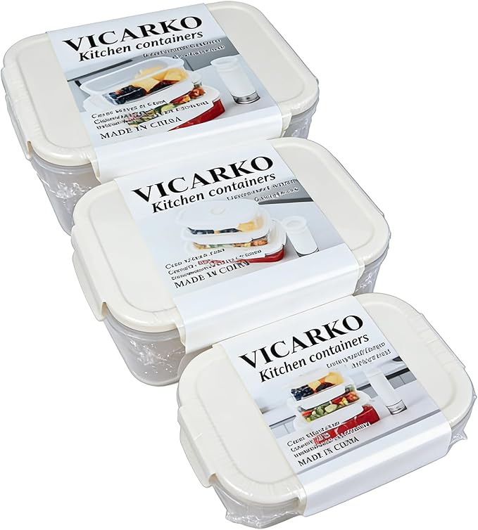 VICARKO 3-Piece Stackable Vacuum Food Storage Containers Set with Hand Pump, 17 oz/ 34 oz/ 68 oz, White, BPA-Free, Airtight, Leakproof, Date Tracker
