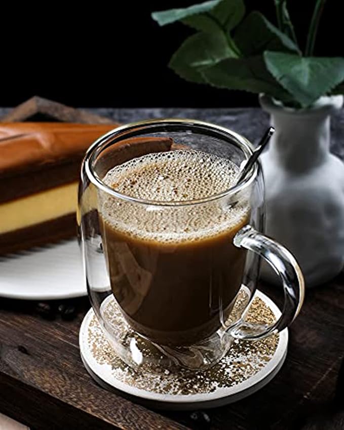LIBWYS 12oz Double Walled Coffee Cups Glasses Mugs, Espresso Cappuccino Latte Tea Cups with Handle 350ml (2x350ml)
