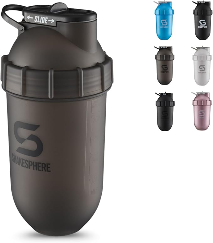 SHAKESPHERE Shaker Bottle - 24oz Leak Proof Protein Shaker Bottle for Pre Workout, Smoothie, and Powder Drink Mixes, No-Blade Mixer for Gym, BPA-Free, Easy Clean & Easy to Carry (Frosted Black)