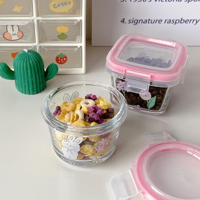 Ivymei 2 Pack Mini Glass Containers with lids,Small Floral Food Storage Contaiers Glass Food Jars for Food Portion,Dipping Sauce,Snack,Yogurt,Fruit,Leakproof,Microwave Freezer Safe(pinkpurple)