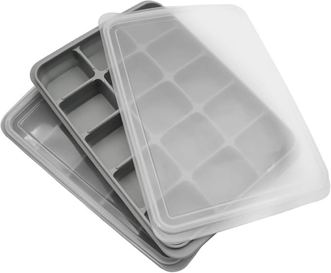 2 Pcs Easy Release Ice Cube Trays, Snow Gray Flexible Silicone Ice Cube Molds Removable Lid Stackable for Whiskey, Beverages, Baby Food (15 cubes 0.7oz)