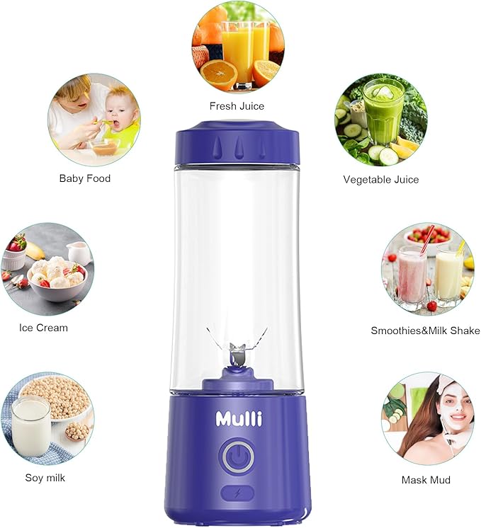 Mulli Portable Blender 14oz-USB Rechargeable Smoothie Maker with 6 Stainless Steel Blades, Personal Mini Blender for Shakes, Baby Food, Travel, Gym & Kitchen, BPA-Free