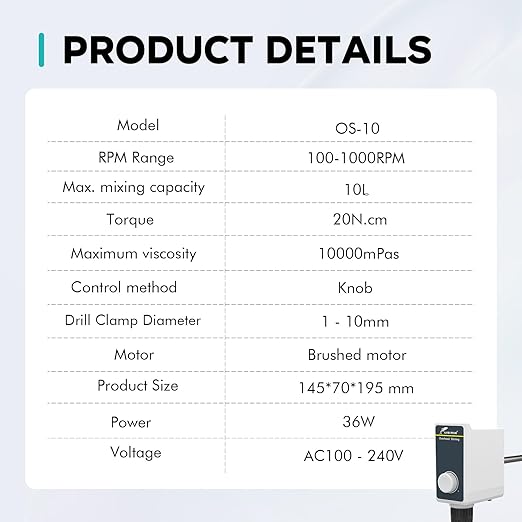 LAB FISH Overhead Stirrer Lab Stirrer | Includes Stirring Rod Not Stand | Speed 100-1000RPM Cap. 10L 10000 mPas for Lab(Single Machine)