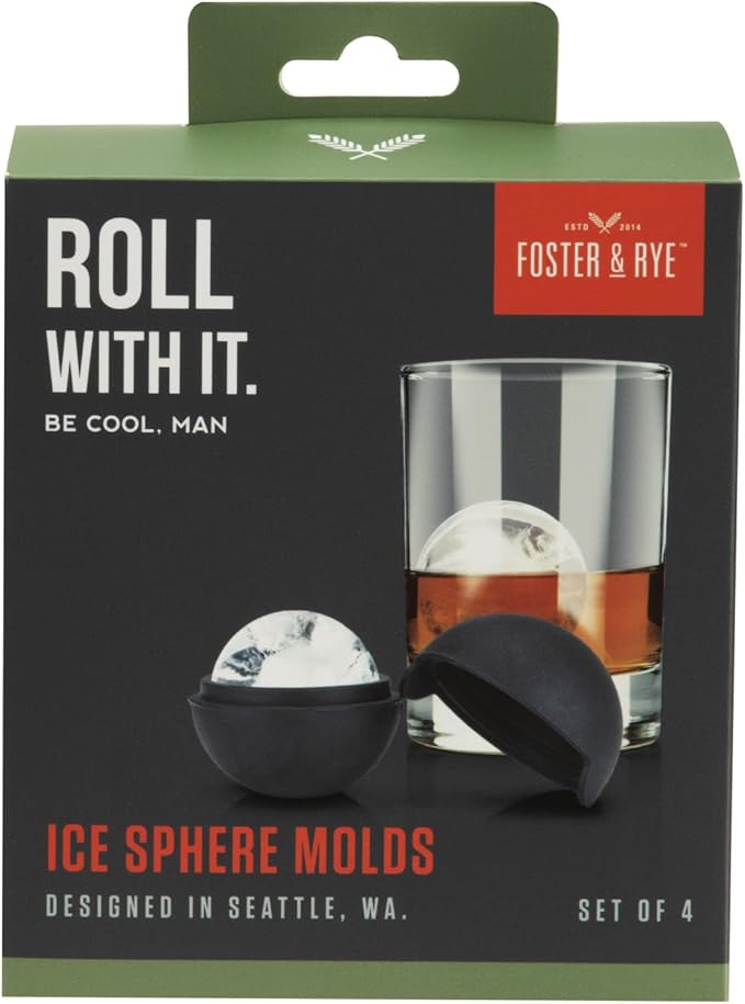 Foster & Rye Ice Sphere Mold, Food-Safe Silicone Large Craft Ice Cube Maker for Cocktails, DIY Bath Bombs, Chocolates, 2.5 Inch Spheres, Black, Set of 4